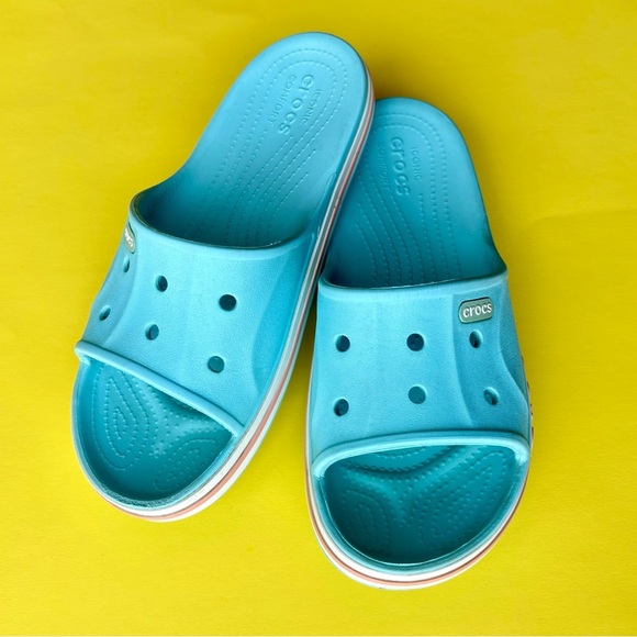 CROCS Shoes - Croc Slides, Crocs Bayaband Slides Ice Blue and Melon M 8 W 10